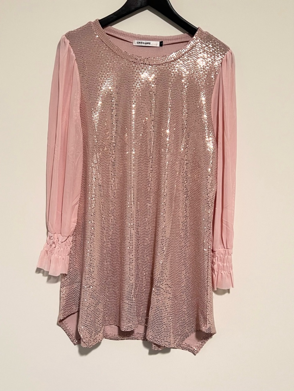 Origami Sequin Pink Tunic or Mini Dress with Sheer Sleeves